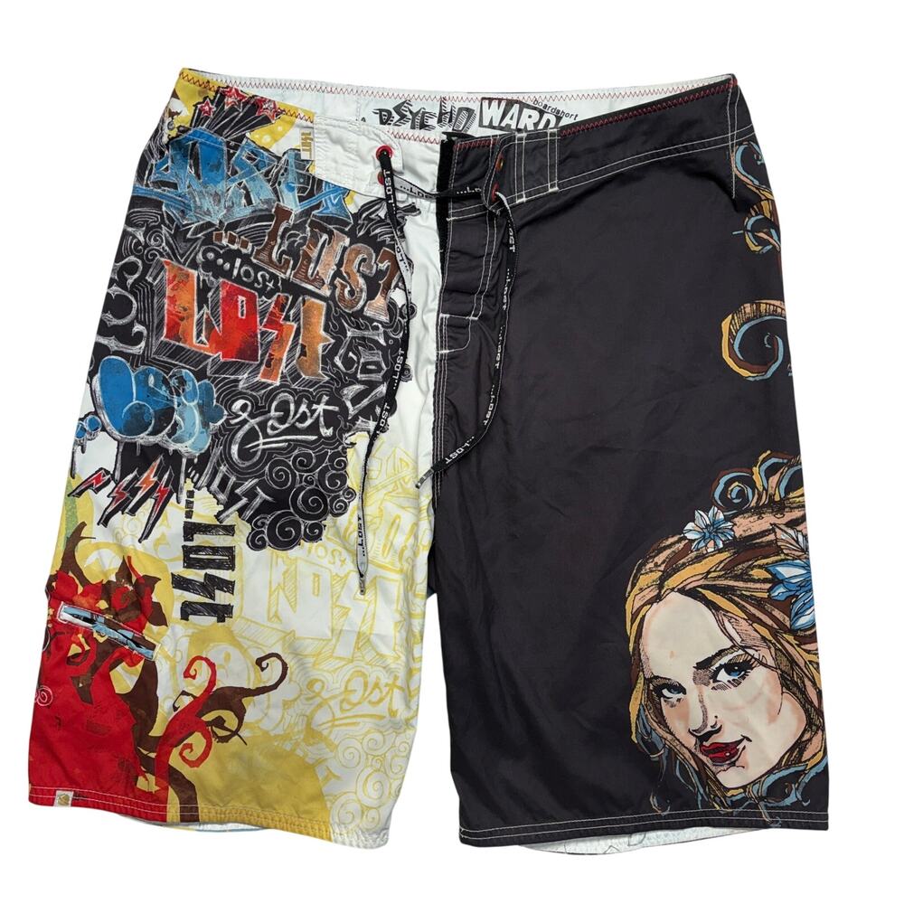 Lost Enterprise Board Shorts The Psycho Ward 36 Black Graffiti Y2K 2000s Baggy